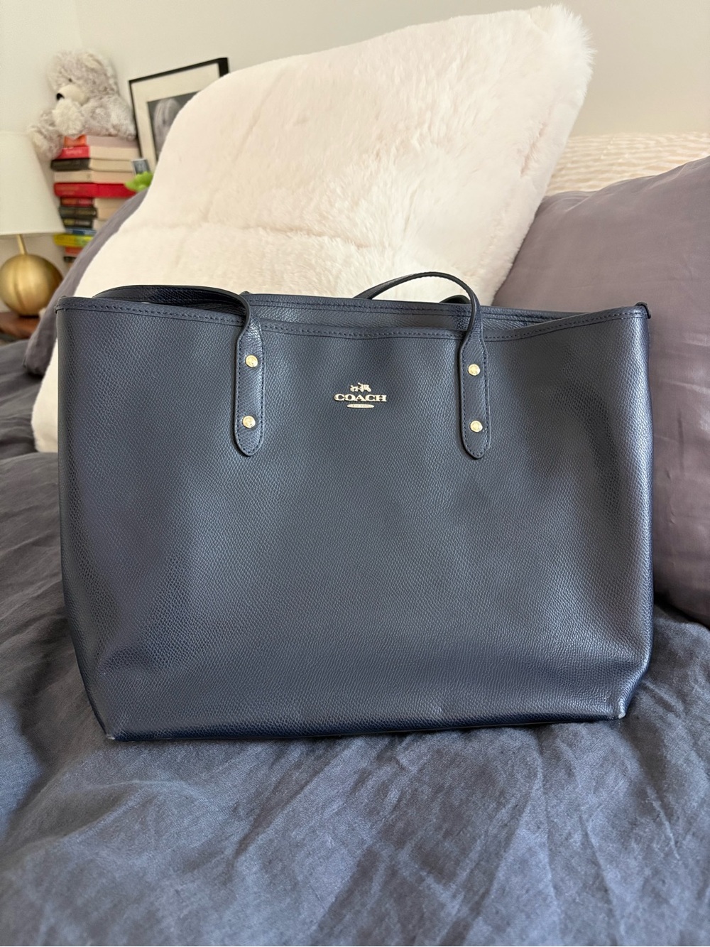 Coach Navy Blue Pebbled Leather Tote with Gold Logo